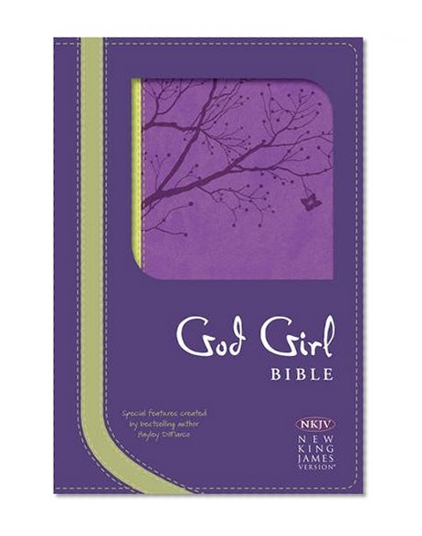 Book Cover NKJV God Girl Bible, Pretty Purple/Neon Green, Tree Design Duravella