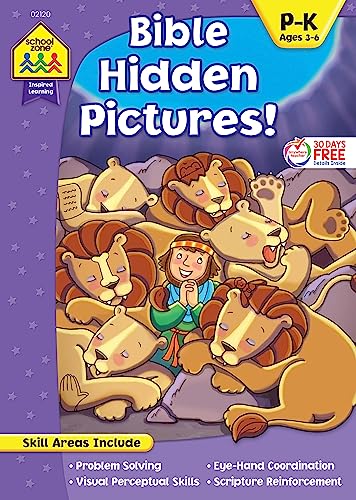 Book Cover School Zone - Bible Hidden Pictures! Workbook - Ages 4 to 6, Preschool to Kindergarten, Christian Scripture, Old & New Testament, Search & Find, Picture Puzzles, and More (Inspired Learning Workbook)