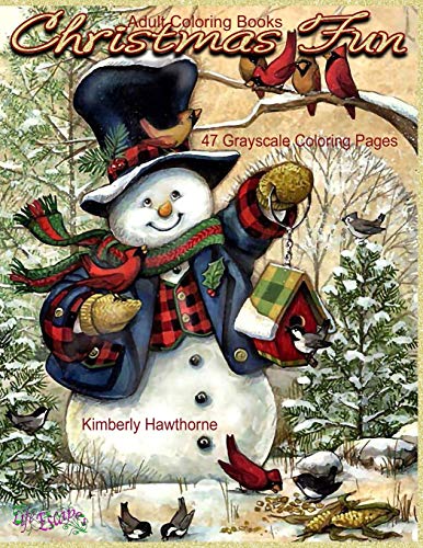 Book Cover Adult Coloring Books Christmas Fun 47 Grayscale Coloring Pages: Beautiful grayscale images of Winter Christmas holiday scenes, Santa, reindeer, elves, snow, holiday decorations, Christmas tree lights