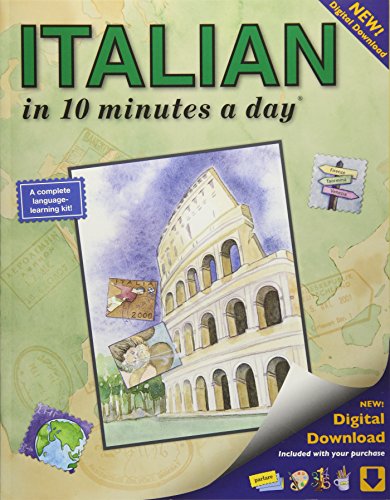 Book Cover ITALIAN in 10 minutes a day: Language course for beginning and advanced study. Includes Workbook, Flash Cards, Sticky Labels, Menu Guide, Software, ... Grammar. Bilingual Books, Inc. (Publisher)