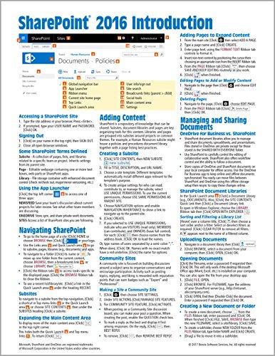 Book Cover Microsoft SharePoint 2016 Introduction Quick Reference Guide - Windows Version (Cheat Sheet of Instructions & Tips - Laminated Card)