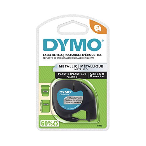 Book Cover DYMO LetraTag Labeling Tape for LetraTag Label Makers, Black Print on Metallic Silver Tape, 1/2'' W x 13' L, 1 roll (91338)