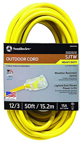 Book Cover Southwire 2588SW0002 Outdoor Cord-12/3 SJTW Heavy Duty 3 Prong Extension Cord-for Commercial Use (50', Yellow), 50 Feet