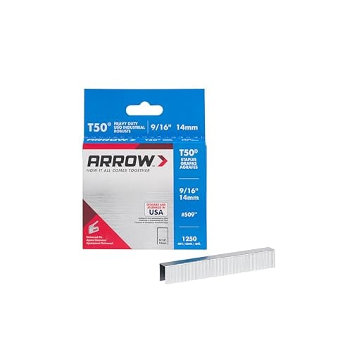 Book Cover Arrow 509 Heavy Duty T50 9/16-Inch Leg Length, 3/8-Inch Crown, Staples for Upholstery, Construction, Furniture, Crafts, 1250-Pack