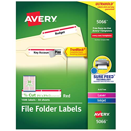 Book Cover Avery Red File Folder Labels for Laser and Inkjet Printers with  TrueBlock Technology, 2/3 x 3-7/16 Inches, Box of 1500 (5066)