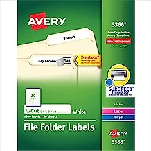 Book Cover Avery File Folder Labels for Laser and Ink Jet Printers with TrueBlock Technology, 3.4375 x .66 inches, White, Box of 1500 (5366)