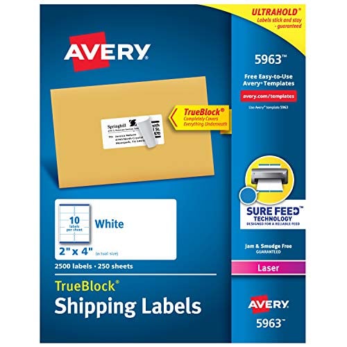 Book Cover Avery Shipping Address Labels, Laser Printers, 1,000 Labels, 2x4 Labels, Permanent Adhesive, TrueBlock (5163)