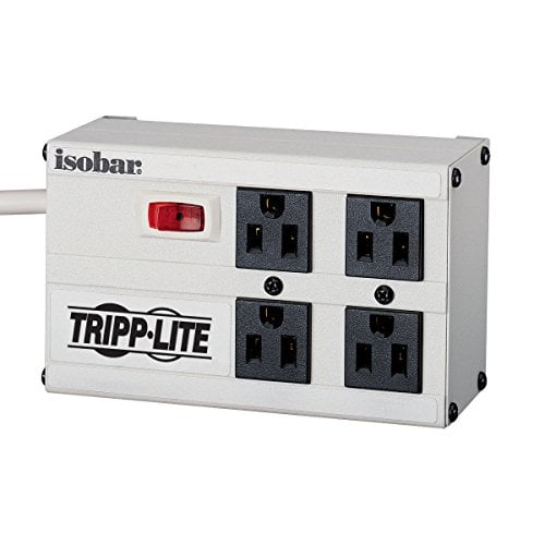 Book Cover Tripp Lite Isobar 4 Outlet Surge Protector Power Strip, 6ft. Cord, Right Angle Plug, 3330 Joules, Metal, IBAR4-6D, Gray