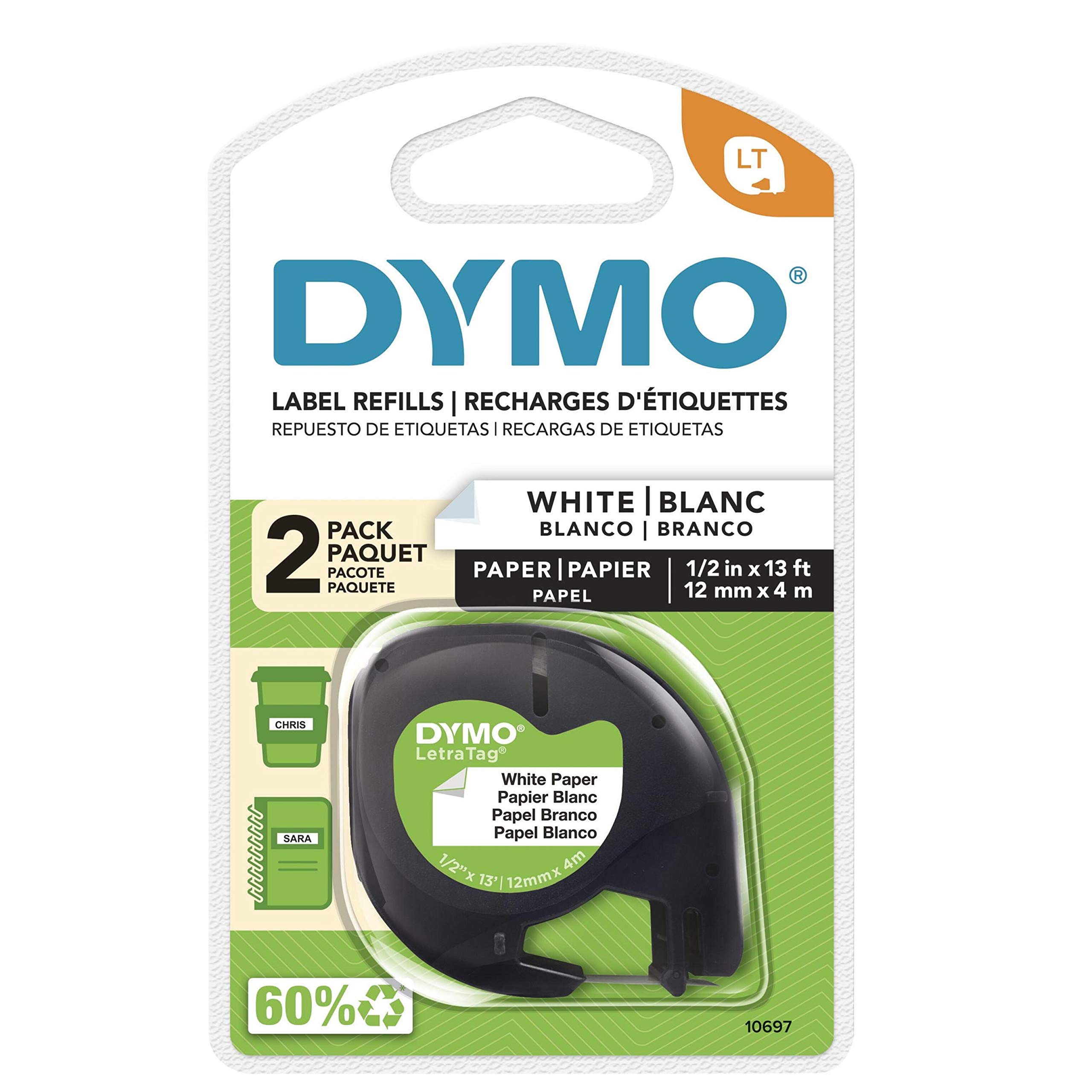Book Cover DYMO LetraTag Labeling Tape for LetraTag Label Makers, Black Print on White Paper Tape, 1/2'' W x 13' L, 2 Rolls (10697) 2 rolls 1/2