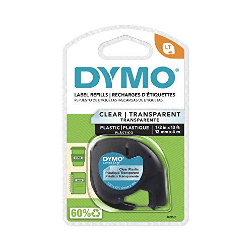 Book Cover DYMO - DYM16952 Authentic LetraTag Labeling Tape for LetraTag Label Makers, Black Print on Clear pastic Tape, 1/2'' W x 13' L, 1 roll (16952)