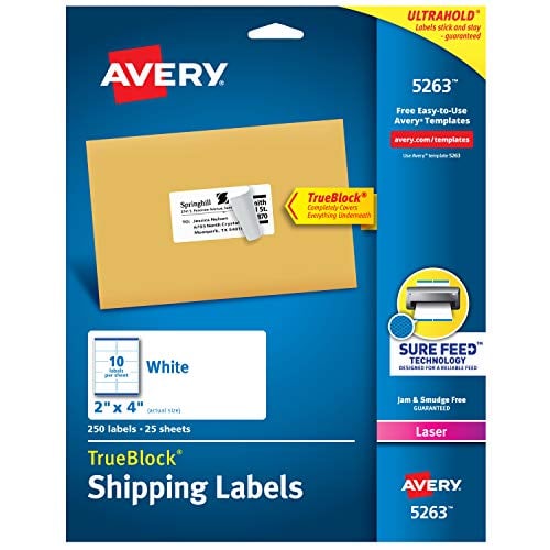 Book Cover Avery Shipping Address Labels, Laser Printers, 250 Labels, 2x4 Labels, Permanent Adhesive, TrueBlock (5263)