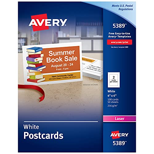 Book Cover Avery Printable Cards, Laser Printers, 100 Cards, 4 x 6, U.S. Post Card Size (5389)