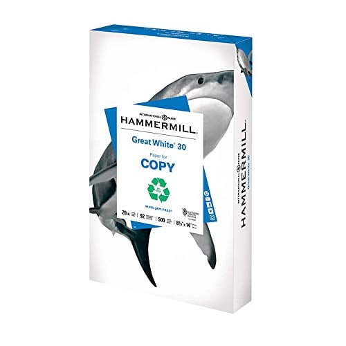Book Cover Hammermill Great White 30% Recycled Copy Paper, 20lb,  8.5 x 14, Legal, 92 Bright, 500 Sheets (86704)