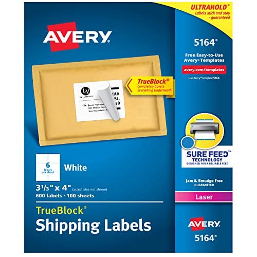 Book Cover Avery Shipping Address Labels, Laser Printers, 600 Labels, 3-1/3x4 Labels, Permanent Adhesive, TrueBlock (5164), White