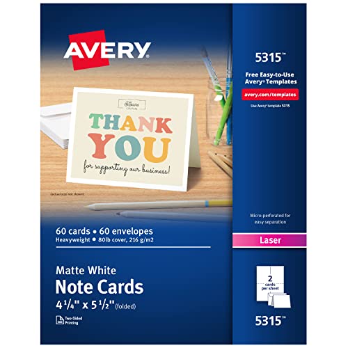 Book Cover Avery Printable Note Cards, Laser Printers, 60 Cards and Envelopes, 4.25 x 5.5 (5315)