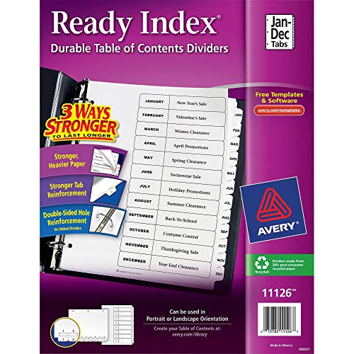Book Cover Avery 12-Tab Dividers for 3-ring Binders, Customizable Table of Contents, Classic White Tabs, 1 Set (11126)