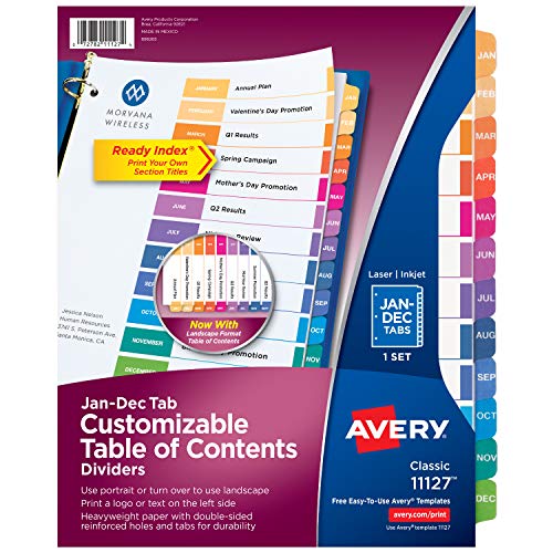 Book Cover Avery Ready Index Monthly Dividers, Customizable Table of Contents, Classic Multicolor Tabs, 1 Set (11127)