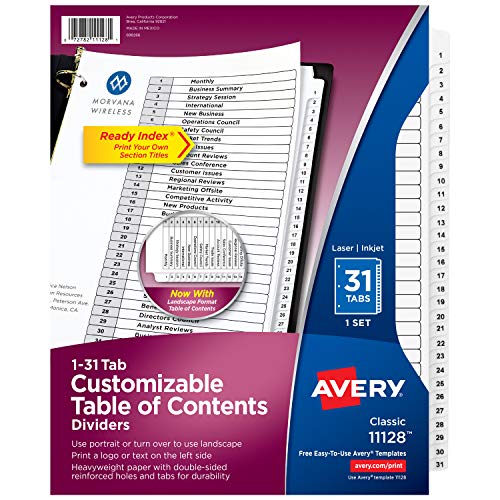 Book Cover Avery 1-31 Tab Dividers for 3-ring Binders, Customizable Table of Contents, Classic White Tabs, 1 Set (11128), Black/White