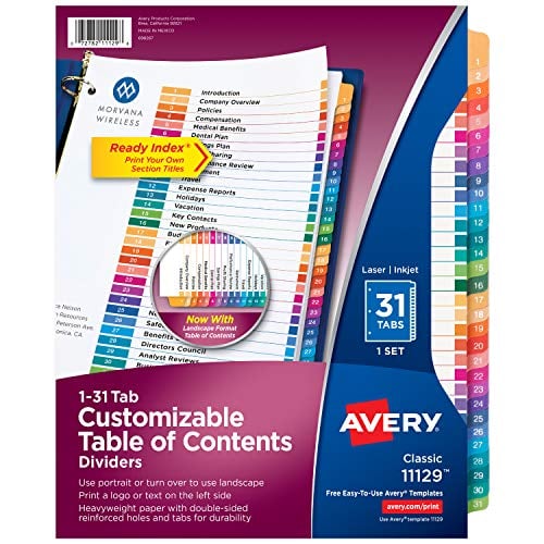 Book Cover Avery Ready Index 31 Number Dividers, Customizable Table of Contents, Classic Multicolor Tabs, 1 Set  (11129)