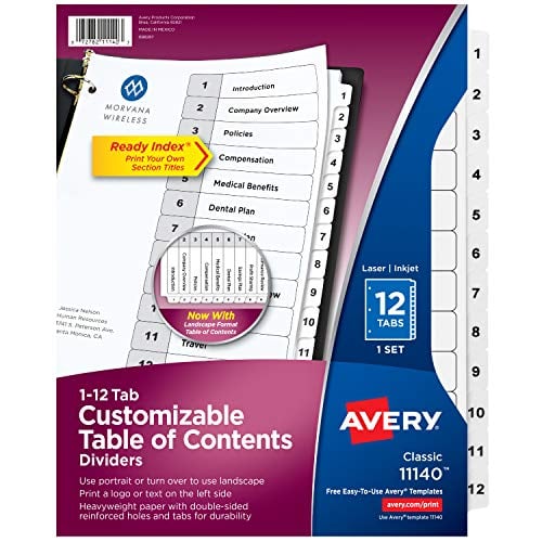 Book Cover Avery 12 Tab Dividers for 3 Ring Binders , Customizable Table of Contents, Classic White Tabs, 1 Set (11140)
