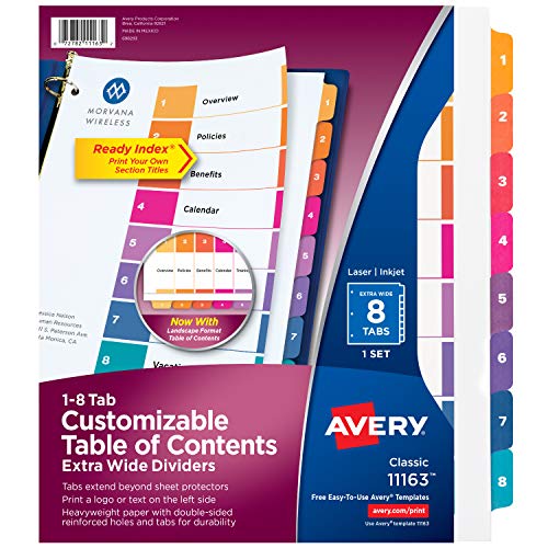 Book Cover Avery 8-Tab Extra-Wide 3 Ring Binder Dividers, Customizable Table of Contents, Multicolor Tabs, 1 Set (11163)