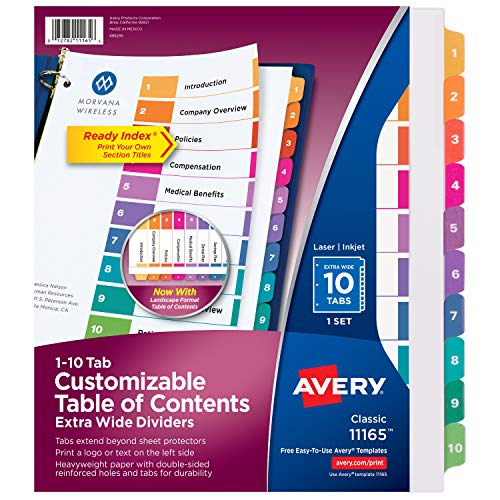 Book Cover Avery Ready Index 10-Tab Extra-Wide Dividers, Customizable Table of Contents, Multicolor Tabs, 1 Set (11165)
