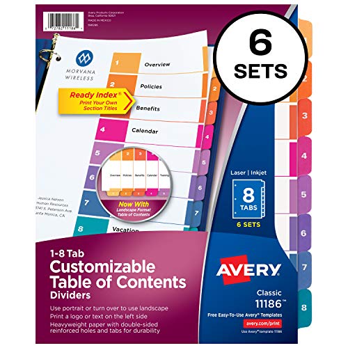 Book Cover Avery Ready Index 8-Tab Binder Dividers, Customizable Table of Contents, Multicolor Tabs, 6 Sets (11186)