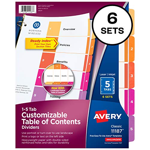 Book Cover Avery Ready Index 5-Tab Binder Dividers, Customizable Table of Contents, Multicolor Tabs, 6 Sets (11187)