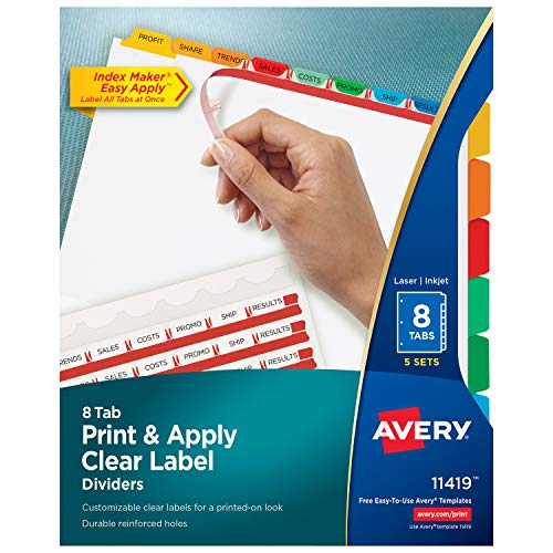 Book Cover AVERY 8-Tab Binder Dividers, Easy Print & Apply Clear Label Strip, Index Maker, Multicolor Tabs, 5 Sets (11419)