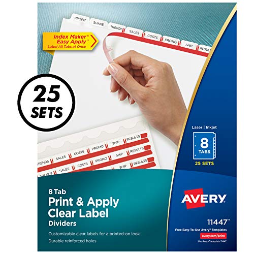 Book Cover Avery 8-Tab Binder Dividers, Easy Print & Apply Clear Label Strip, Index Maker, White Tabs, 25 Sets (11447)
