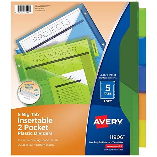 Book Cover Avery 5-Tab Plastic Binder Dividers with Pockets, Insertable Multicolor Big Tabs, 1 Set (11906)