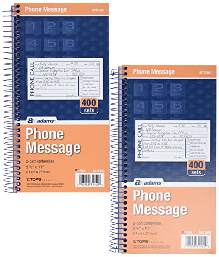 Book Cover Adams SC1154-2D Phone Message Book, 5.25 x 11 Inch, Spiral Bound, 2-Part, Carbonless, 4 Messages per Page, 400 Sets, 2-Pack, White and Canary (S1154-2D)