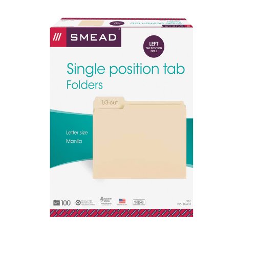 Book Cover Smead File Folder, 1/3-Cut Tab, Left Position, Letter Size, Manila, 100 Per Box (10331)