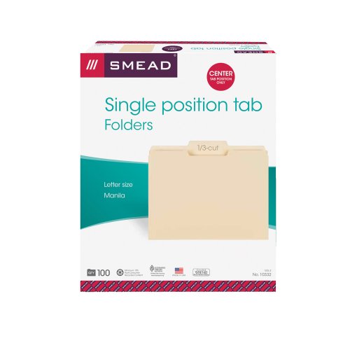 Book Cover Smead File Folder, 1/3-Cut Tab, Center Position, Letter Size, Manila, 100 Per Box (10332)