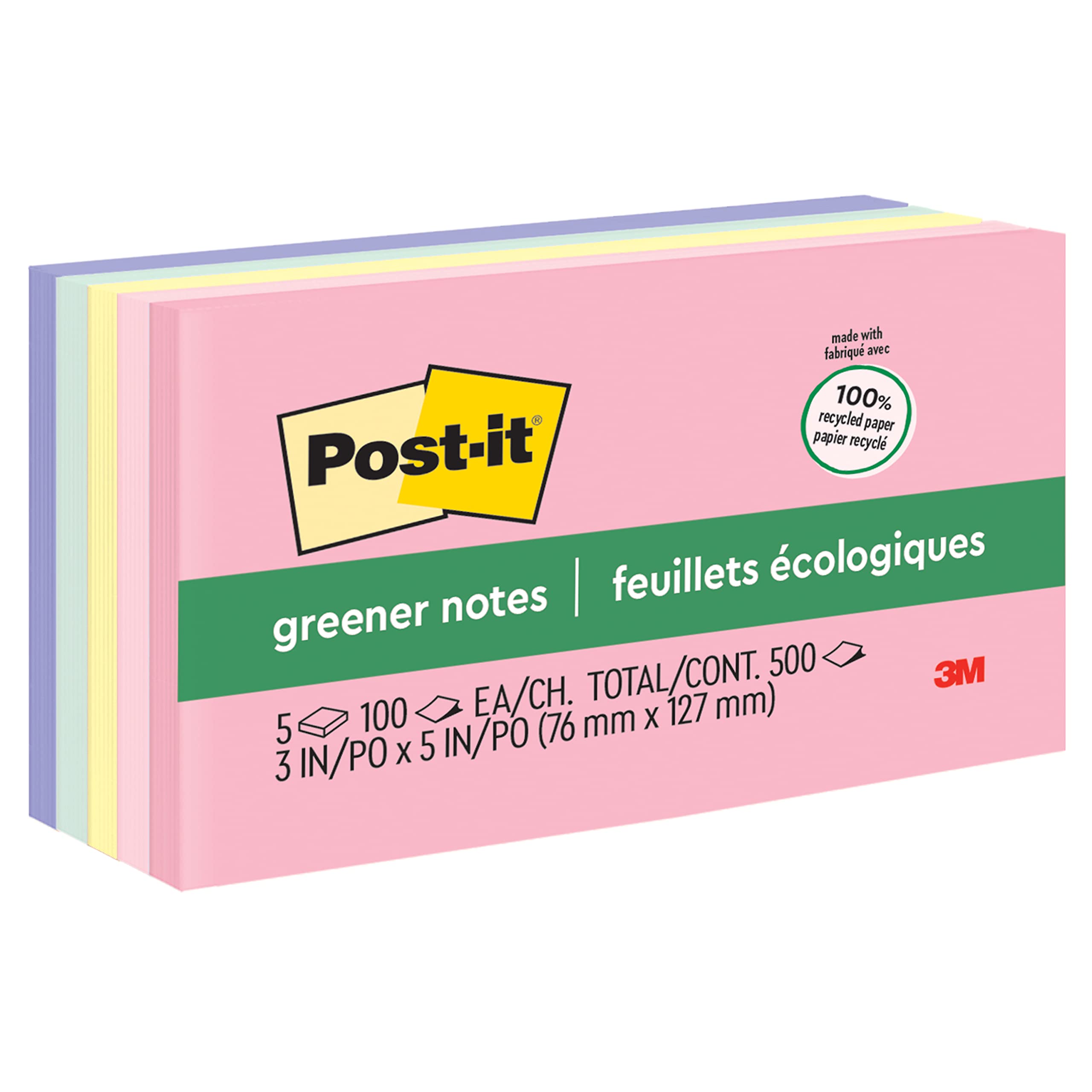 Book Cover Post-it Greener Notes, 3x5 in, 5 Pads, America's #1 Favorite Sticky Notes, Helsinki Collection, Pastel Colors (Pink, Blue, Mint, Yellow), Clean Removal, 100% Recycled Material (655-RP-A)