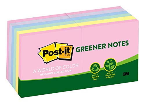 Book Cover Post-it Greener Notes, America's #1 Favorite Sticky Note, 3 in x 3 in, Helsinki Collection, 100 Sheets/Pad, 12 Pads/Pack (654-RP-A)