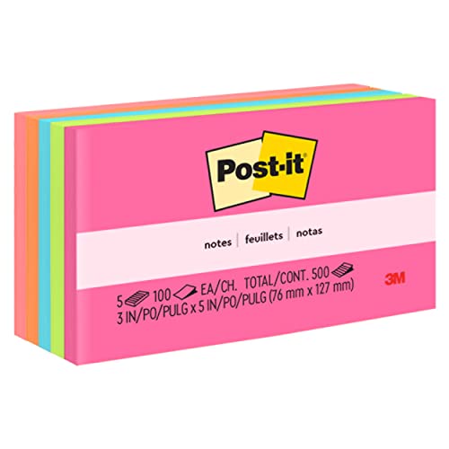 Book Cover Post-it Notes, 3x5 in, 5 Pads, America's #1 Favorite Sticky Notes, Cape Town Collection, Bright Colors (Magenta, Pink, Blue, Green), Clean Removal, Recyclable (655-5PK)