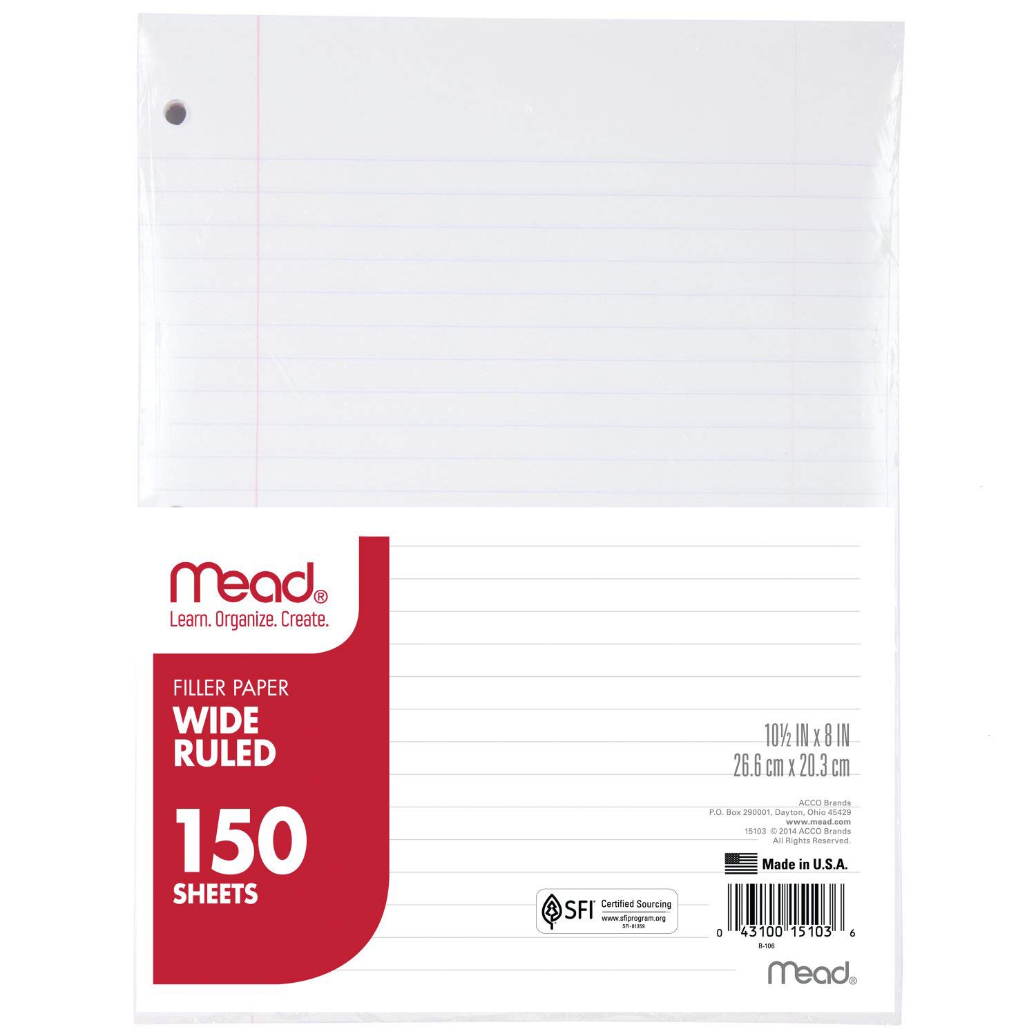 Book Cover Mead Filler Paper, Loose Leaf Paper, Wide Ruled Paper, 150 Sheets, 10-1/2