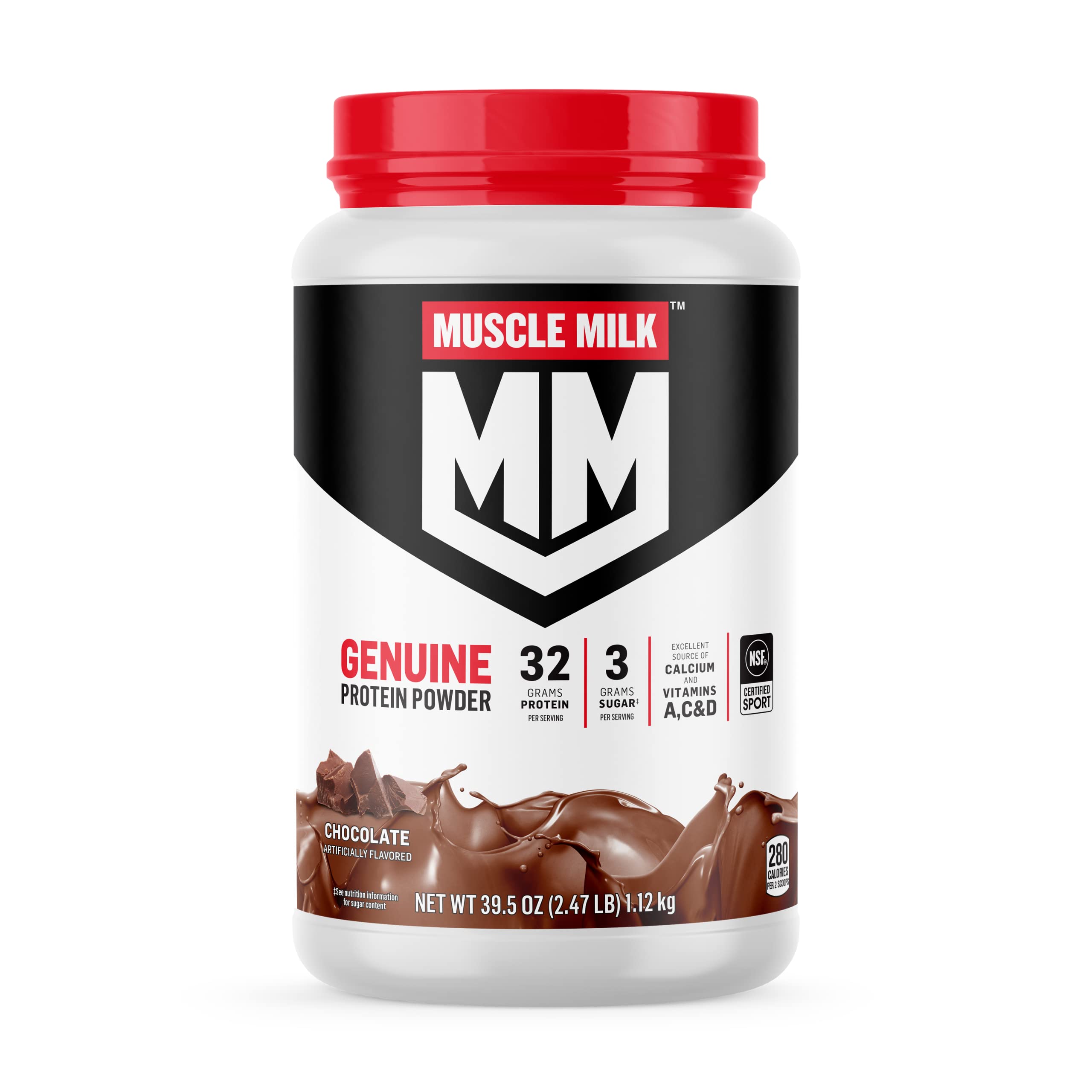 Book Cover Muscle Milk Genuine Protein Powder, Chocolate, 2.47 Pound, 16 Servings, 32g Protein, 3g Sugar, Calcium, Vitamins A, C & D, NSF Certified for Sport, Energizing Snack, Packaging May Vary