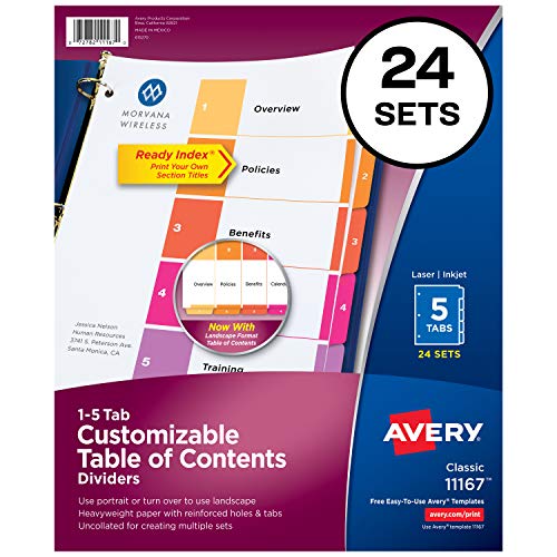 Book Cover Avery Ready Index 5-Tab Binder Dividers, Customizable Table of Contents, Multicolor Tabs, 24 Sets (11167)