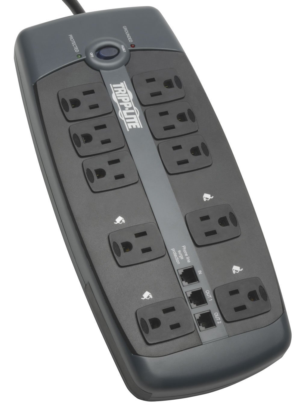 Book Cover Tripp Lite TLP1008TEL 10 Outlet Surge Protector Power Strip, 8ft Cord, Tel/DSL Protection, RJ11, & Dollar 150,000 Insurance Silver 10 Outlets Phone