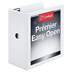 Book Cover Cardinal 3 Ring Binder, 5 Inch Premier Easy Open Binder, ONE-Touch Locking Slant-D Rings, 1,050-Sheet Capacity, ClearVue Covers with Shelf Pull, White (10350CB)
