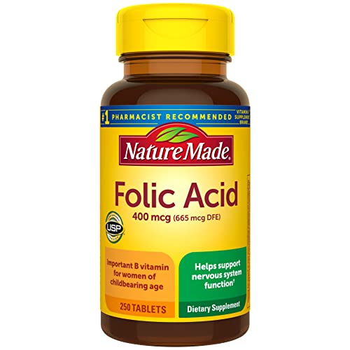 Book Cover Nature Made Folic Acid 400 mcg (665 mcg DFE), Dietary Supplement for Nervous System Function, 250 Tablets, 250 Day Supply