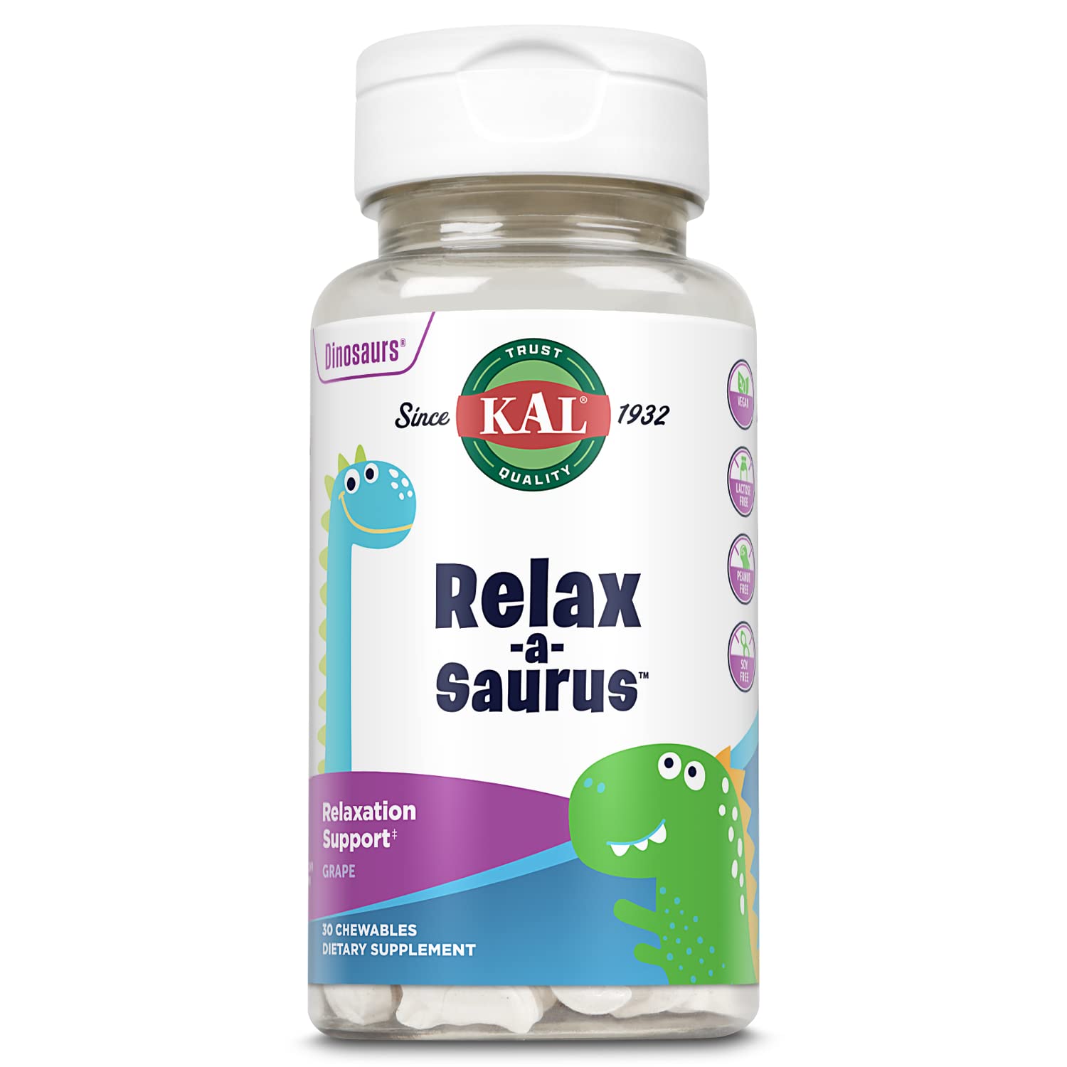 Book Cover KAL Relax-a-Saurus, Stress Support Supplement for Kids, L-Theanine for Children with Herbal Stress Relief & Relaxation & Blend, Delicious Natural Grape Flavor, 60-Day Guarantee, 30 Chewables
