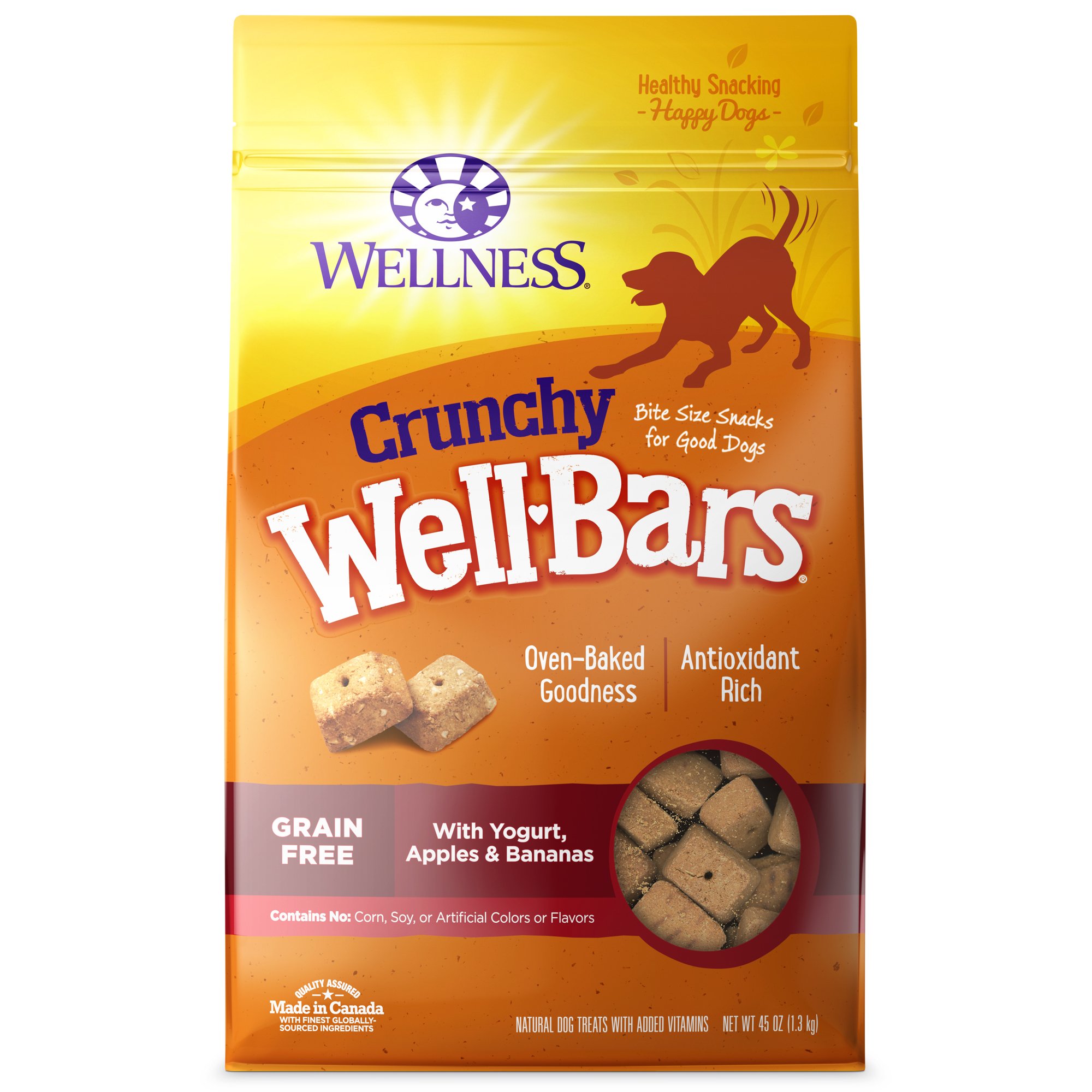 Book Cover Wellness WellBars Natural Grain Free Crunchy Dog Treats, Yogurt, Apples & Banana, 45-Ounce Bag Yogurt, Apples & Banana 2.8 Pound (Pack of 1)