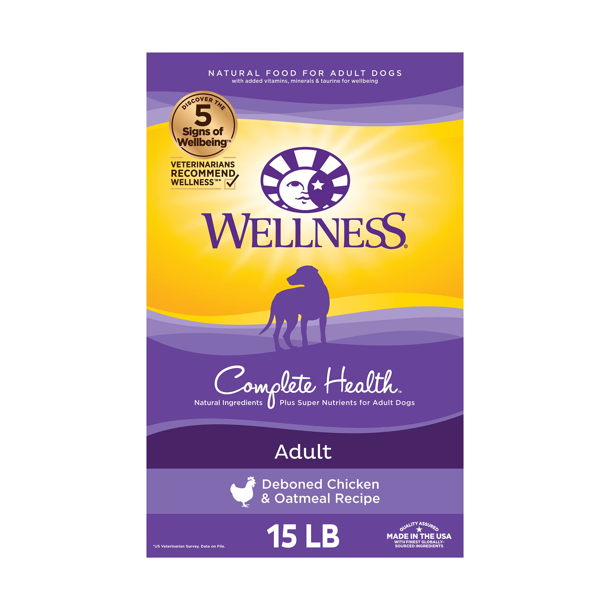 Book Cover Wellness Complete Health Dry Dog Food with Grains, Natural Ingredients, Made in USA with Real Meat, All Breeds, For Adult Dogs (Chicken & Oatmeal, 15-Pound Bag) Food Chicken & Oatmeal 15 Pound