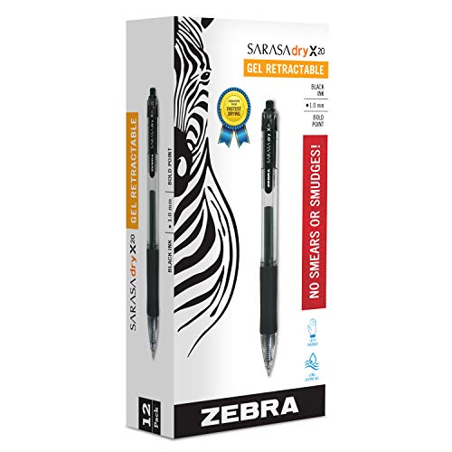 Book Cover Zebra Pen Sarasa X20 Retractable Gel Ink Pens, Bold Point 1.0mm, Black, Rapid Dry Ink, 12 Pack (Packaging may vary)