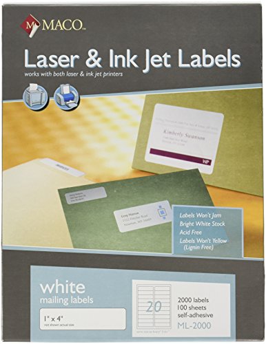 Book Cover MACO Laser/Ink Jet White Address Labels, 1 x 4 Inches, 20 Per Sheet, 2000 Per Box (ML-2000)