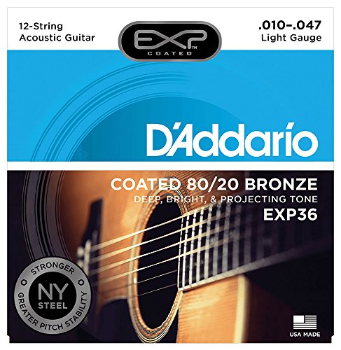 Book Cover D'Addario EXP36 with NY Steel 80/20 Bronze 12-String Acoustic Guitar Strings, Coated, Light, 10-47