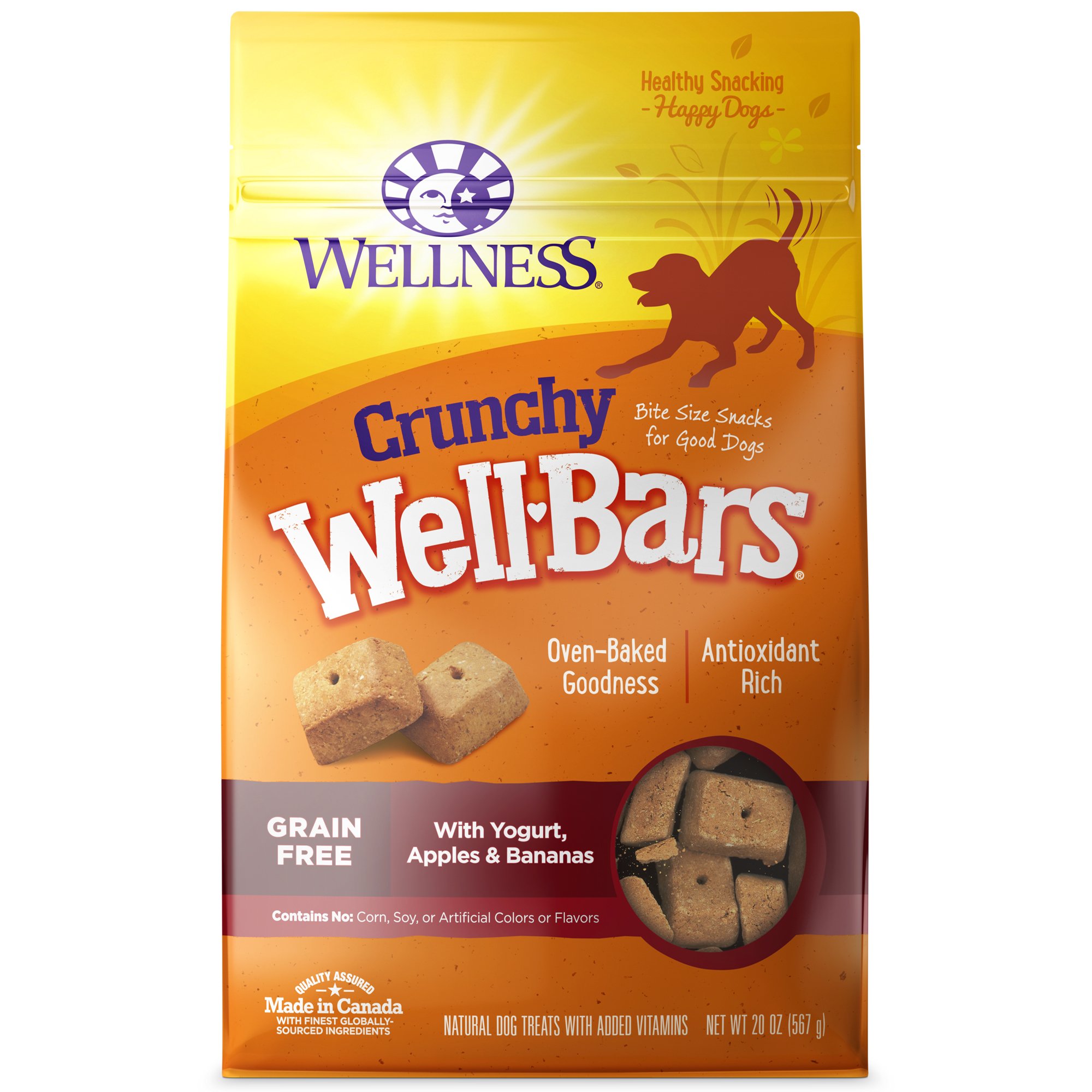 Book Cover Wellness Wellbars Crunchy Wheat Free Natural Dog Treats, Yogurt, Apples & Banana, 20-Ounce Box